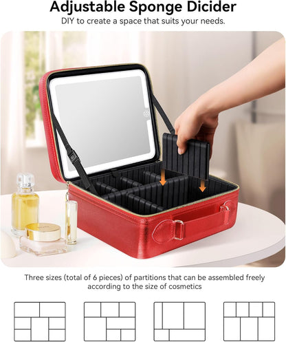 Travel Makeup Bag With LED Mirror, Cosmetic Train Case with Light up Mirror, Portable Makeup Artist Organizer Bag with Adjustable Dividers, Makeup Brush Holder Storage (Rose Gold, Medium)