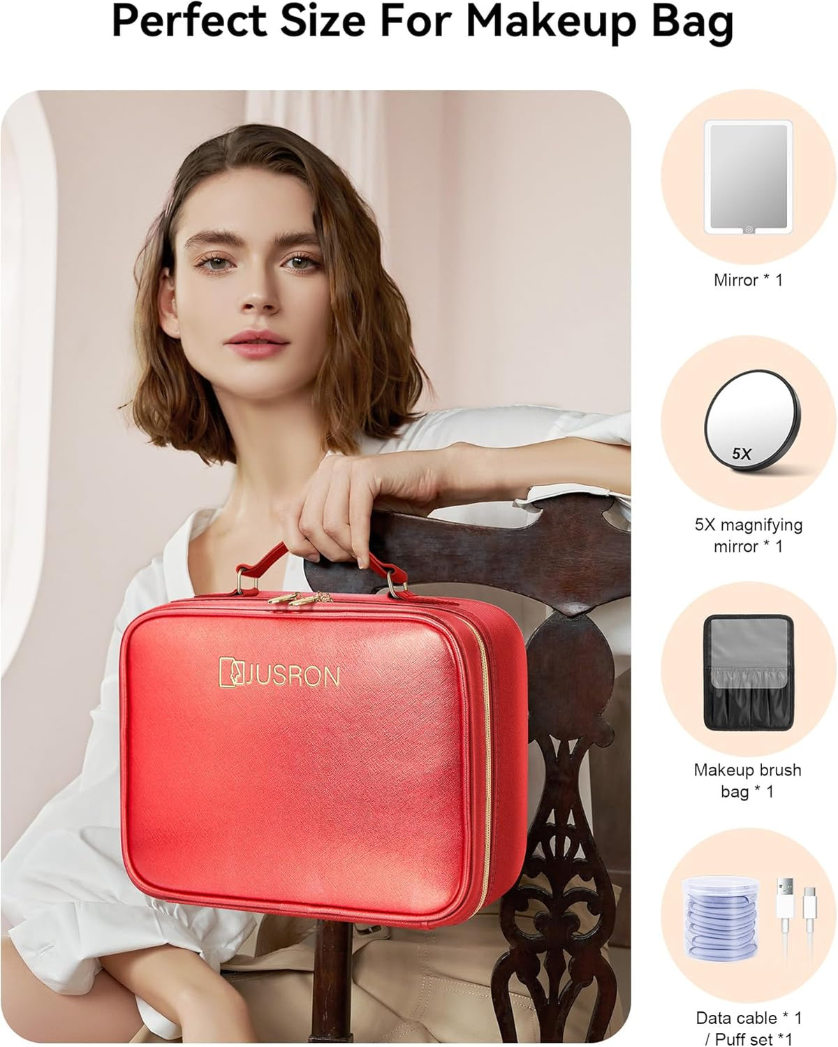 Travel Makeup Bag With LED Mirror, Cosmetic Train Case with Light up Mirror, Portable Makeup Artist Organizer Bag with Adjustable Dividers, Makeup Brush Holder Storage (Rose Gold, Medium)
