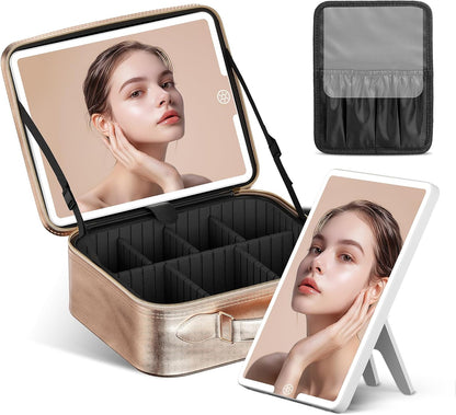 Travel Makeup Bag With LED Mirror, Cosmetic Train Case with Light up Mirror, Portable Makeup Artist Organizer Bag with Adjustable Dividers, Makeup Brush Holder Storage (Rose Gold, Medium)