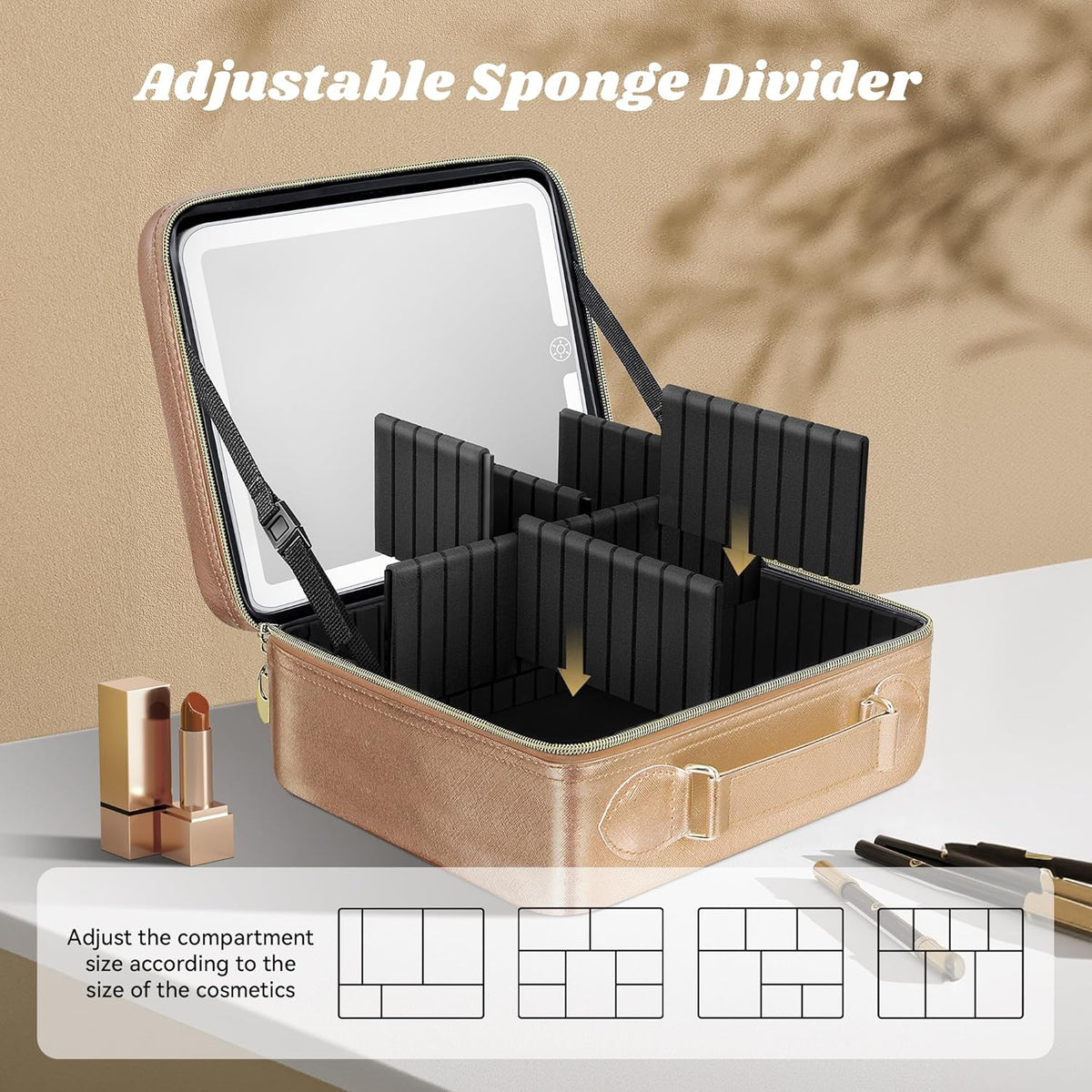 Travel Makeup Bag With LED Mirror, Cosmetic Train Case with Light up Mirror, Portable Makeup Artist Organizer Bag with Adjustable Dividers, Makeup Brush Holder Storage (Rose Gold, Medium)