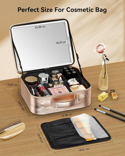 Travel Makeup Bag With LED Mirror, Cosmetic Train Case with Light up Mirror, Portable Makeup Artist Organizer Bag with Adjustable Dividers, Makeup Brush Holder Storage (Rose Gold, Medium)