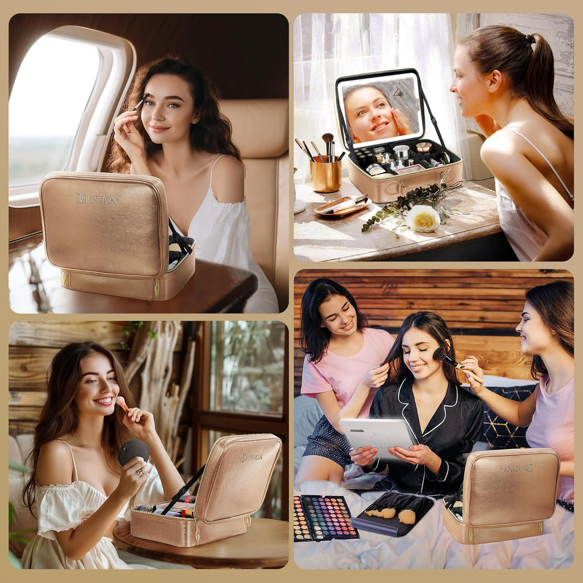 Travel Makeup Bag With LED Mirror, Cosmetic Train Case with Light up Mirror, Portable Makeup Artist Organizer Bag with Adjustable Dividers, Makeup Brush Holder Storage (Rose Gold, Medium)