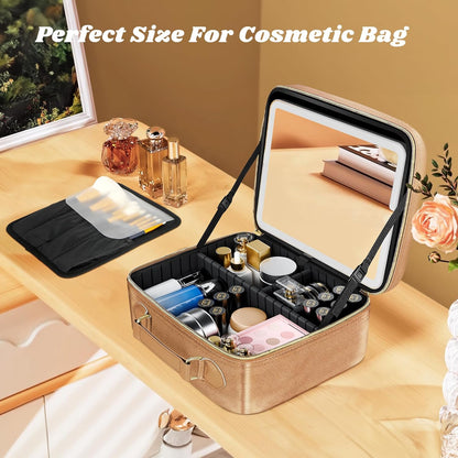 Travel Makeup Bag With LED Mirror, Cosmetic Train Case with Light up Mirror, Portable Makeup Artist Organizer Bag with Adjustable Dividers, Makeup Brush Holder Storage (Rose Gold, Medium)