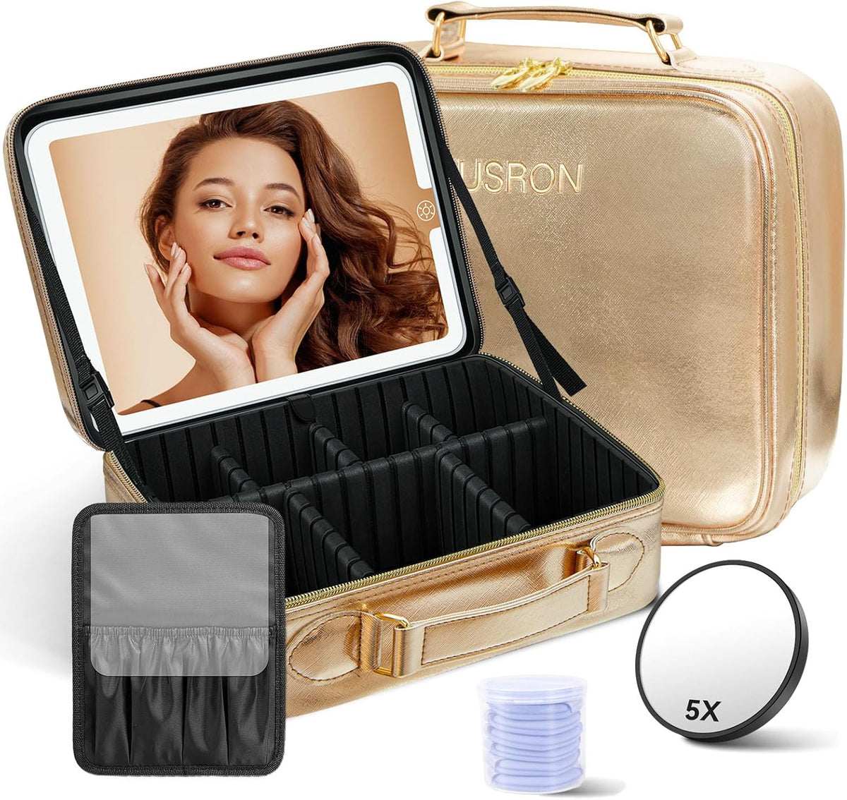 Travel Makeup Bag With LED Mirror, Cosmetic Train Case with Light up Mirror, Portable Makeup Artist Organizer Bag with Adjustable Dividers, Makeup Brush Holder Storage (Rose Gold, Medium)