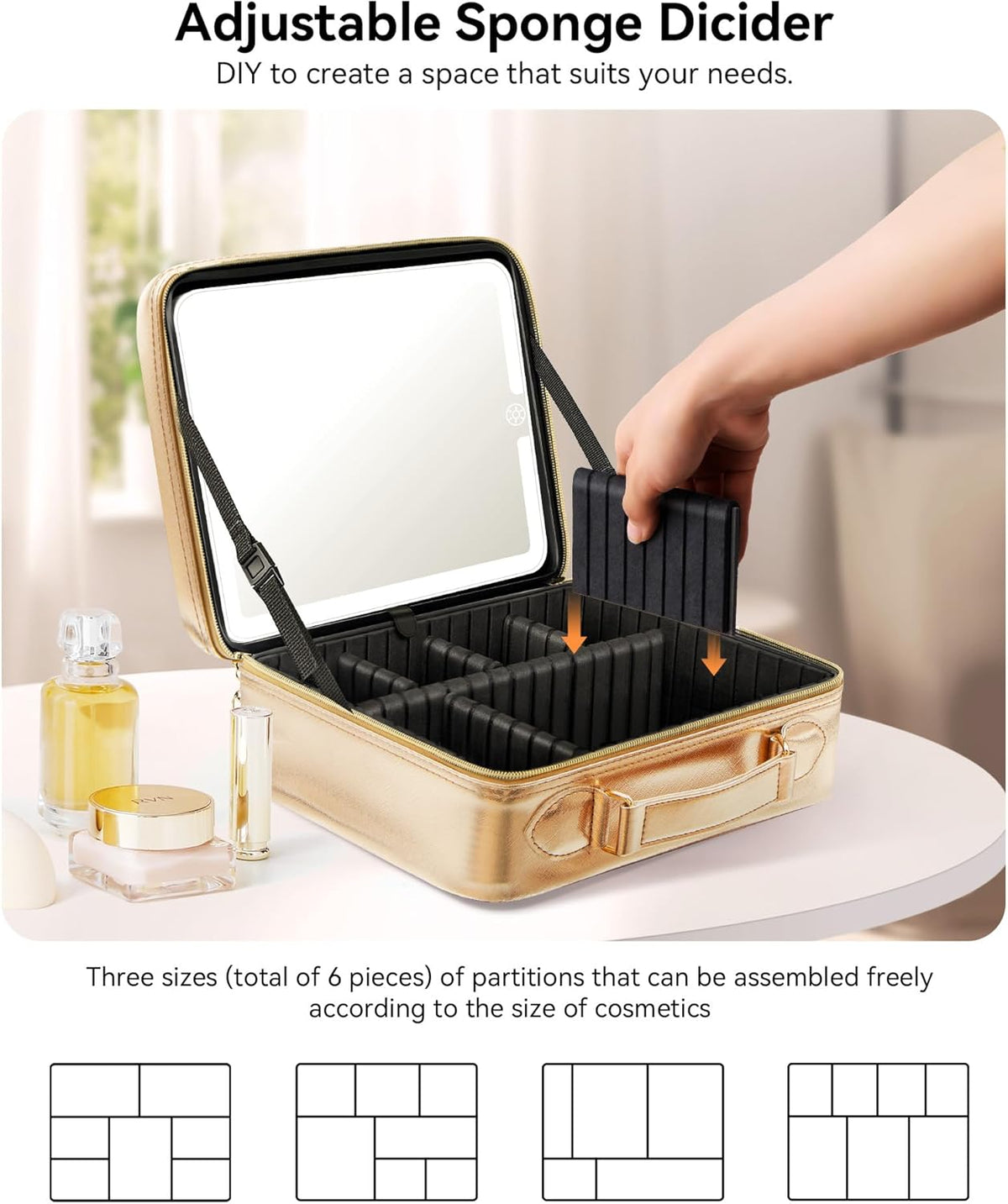 Travel Makeup Bag With LED Mirror, Cosmetic Train Case with Light up Mirror, Portable Makeup Artist Organizer Bag with Adjustable Dividers, Makeup Brush Holder Storage (Rose Gold, Medium)