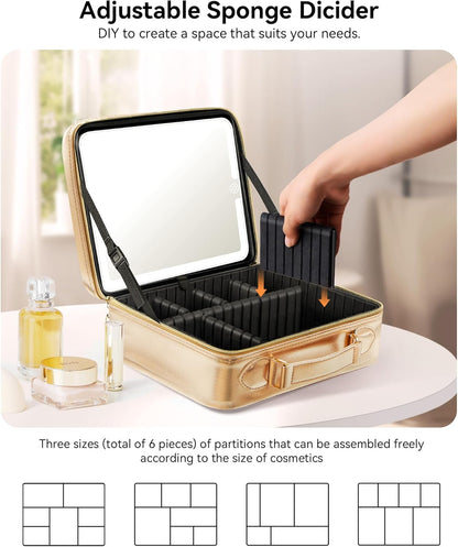 Travel Makeup Bag With LED Mirror, Cosmetic Train Case with Light up Mirror, Portable Makeup Artist Organizer Bag with Adjustable Dividers, Makeup Brush Holder Storage (Rose Gold, Medium)