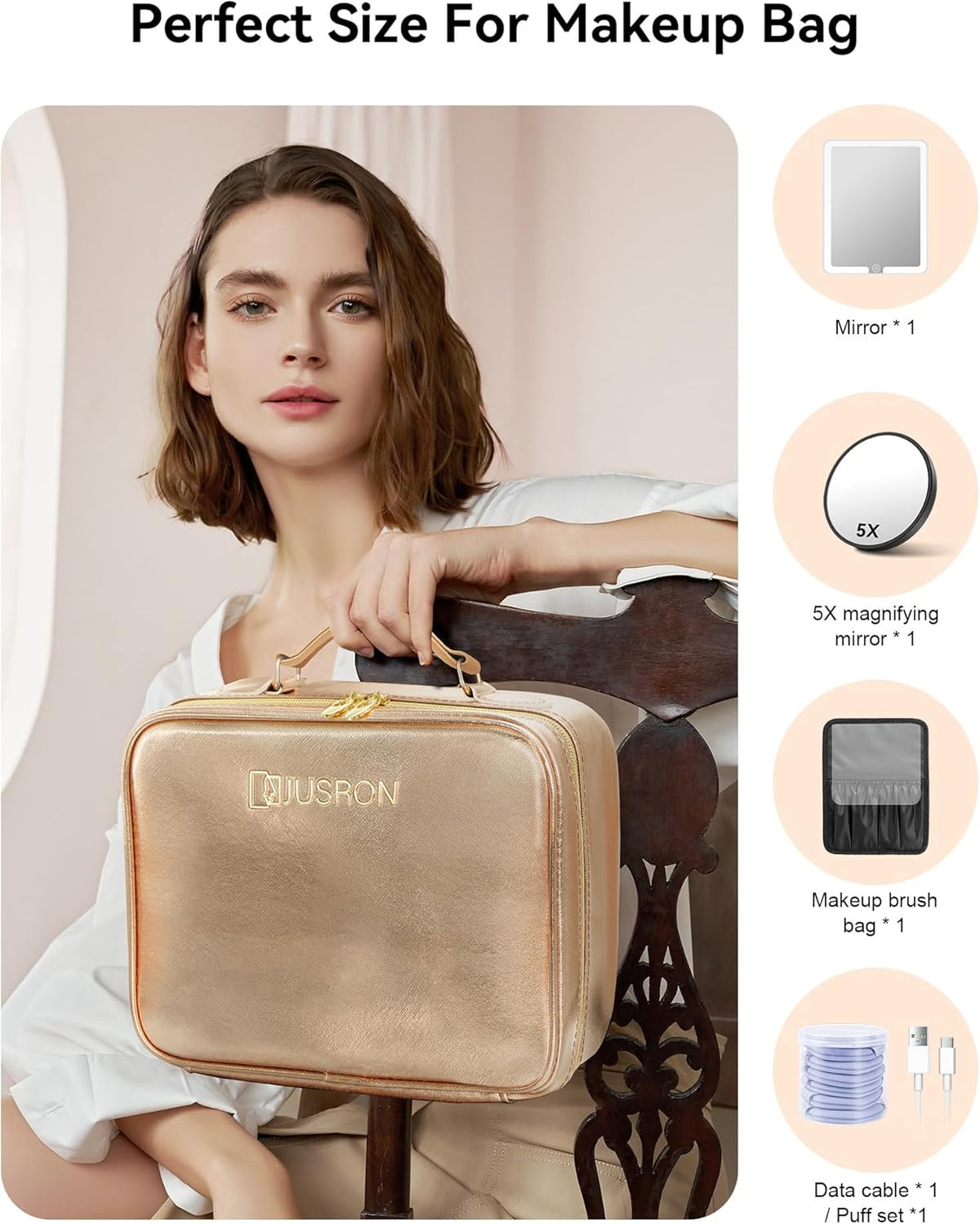 Travel Makeup Bag With LED Mirror, Cosmetic Train Case with Light up Mirror, Portable Makeup Artist Organizer Bag with Adjustable Dividers, Makeup Brush Holder Storage (Rose Gold, Medium)