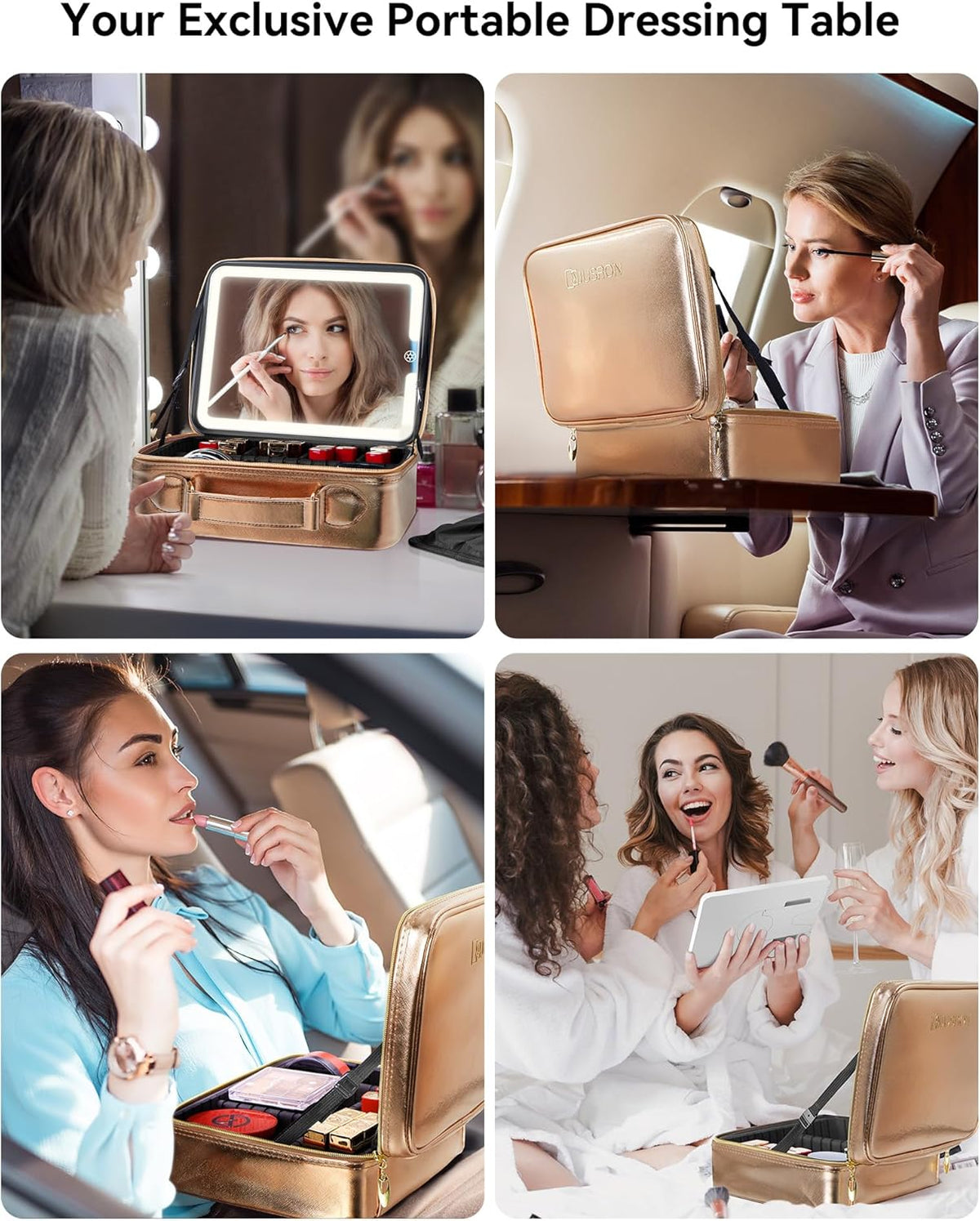 Travel Makeup Bag With LED Mirror, Cosmetic Train Case with Light up Mirror, Portable Makeup Artist Organizer Bag with Adjustable Dividers, Makeup Brush Holder Storage (Rose Gold, Medium)