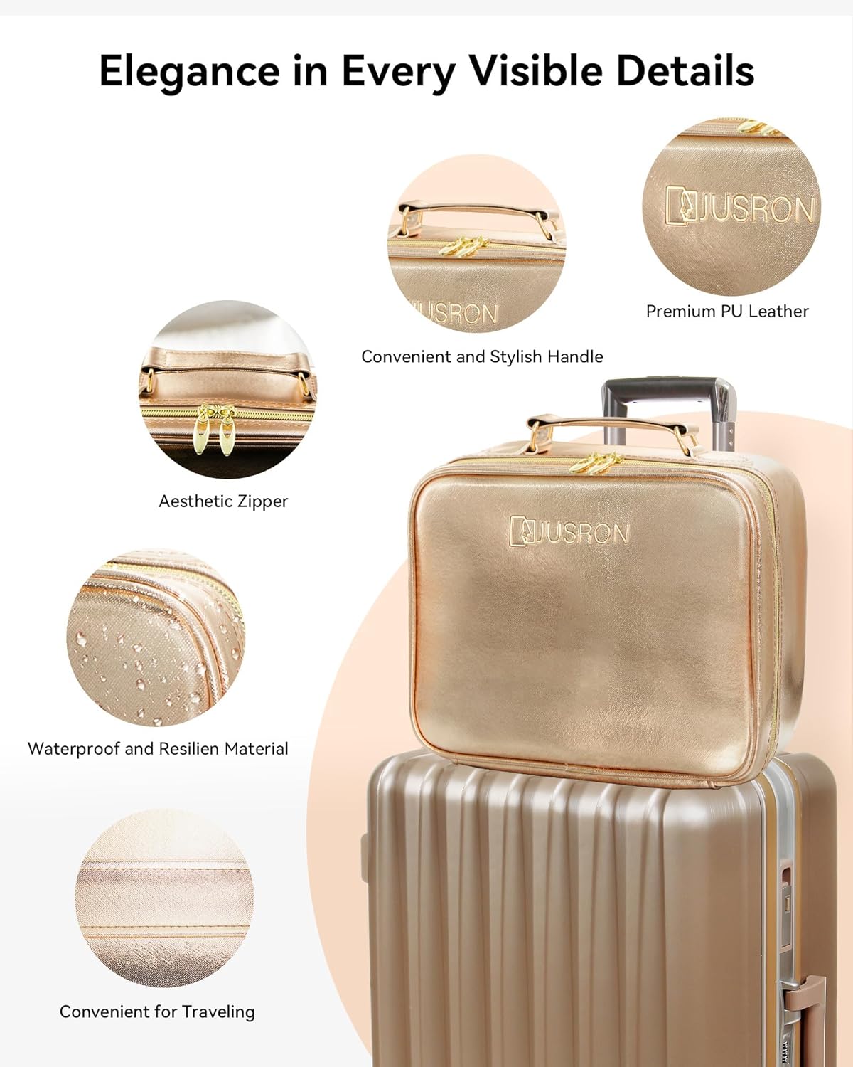 Travel Makeup Bag With LED Mirror, Cosmetic Train Case with Light up Mirror, Portable Makeup Artist Organizer Bag with Adjustable Dividers, Makeup Brush Holder Storage (Rose Gold, Medium)