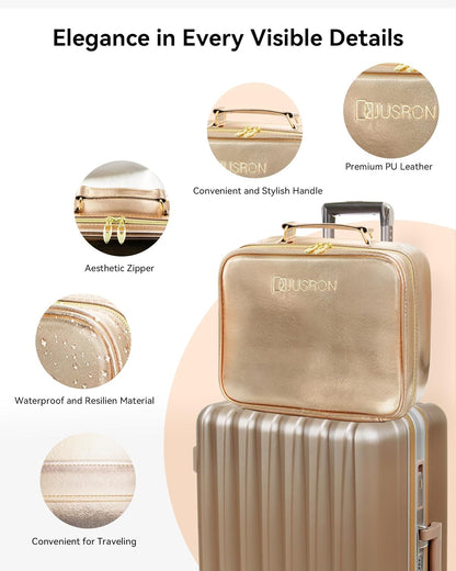 Travel Makeup Bag With LED Mirror, Cosmetic Train Case with Light up Mirror, Portable Makeup Artist Organizer Bag with Adjustable Dividers, Makeup Brush Holder Storage (Rose Gold, Medium)