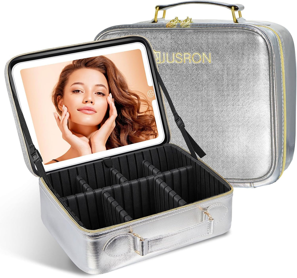Travel Makeup Bag With LED Mirror, Cosmetic Train Case with Light up Mirror, Portable Makeup Artist Organizer Bag with Adjustable Dividers, Makeup Brush Holder Storage (Rose Gold, Medium)