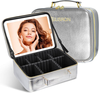 Travel Makeup Bag With LED Mirror, Cosmetic Train Case with Light up Mirror, Portable Makeup Artist Organizer Bag with Adjustable Dividers, Makeup Brush Holder Storage (Rose Gold, Medium)