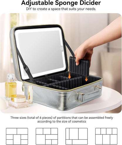 Travel Makeup Bag With LED Mirror, Cosmetic Train Case with Light up Mirror, Portable Makeup Artist Organizer Bag with Adjustable Dividers, Makeup Brush Holder Storage (Rose Gold, Medium)
