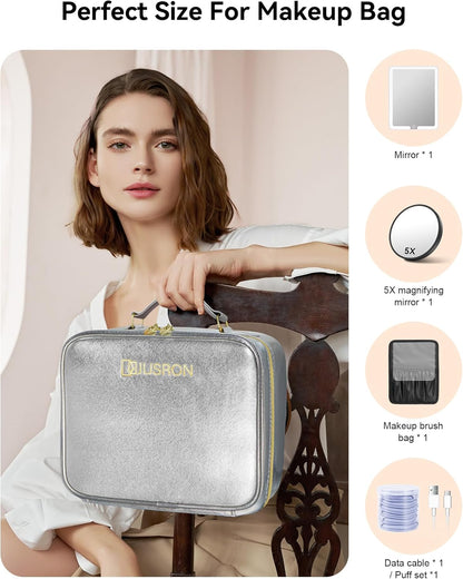 Travel Makeup Bag With LED Mirror, Cosmetic Train Case with Light up Mirror, Portable Makeup Artist Organizer Bag with Adjustable Dividers, Makeup Brush Holder Storage (Rose Gold, Medium)