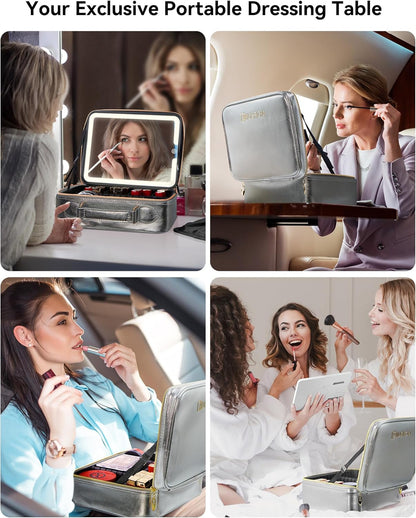 Travel Makeup Bag With LED Mirror, Cosmetic Train Case with Light up Mirror, Portable Makeup Artist Organizer Bag with Adjustable Dividers, Makeup Brush Holder Storage (Rose Gold, Medium)