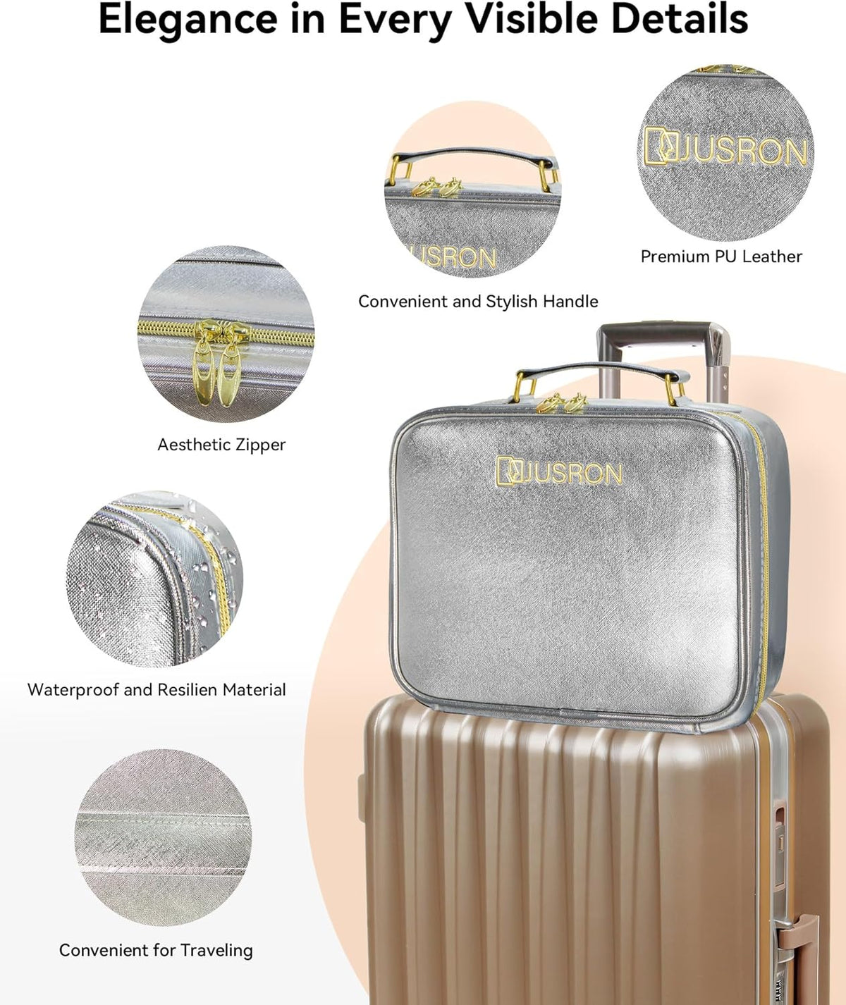 Travel Makeup Bag With LED Mirror, Cosmetic Train Case with Light up Mirror, Portable Makeup Artist Organizer Bag with Adjustable Dividers, Makeup Brush Holder Storage (Rose Gold, Medium)