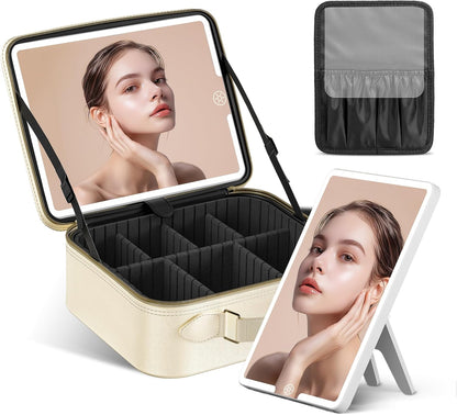 Travel Makeup Bag With LED Mirror, Cosmetic Train Case with Light up Mirror, Portable Makeup Artist Organizer Bag with Adjustable Dividers, Makeup Brush Holder Storage (Rose Gold, Medium)