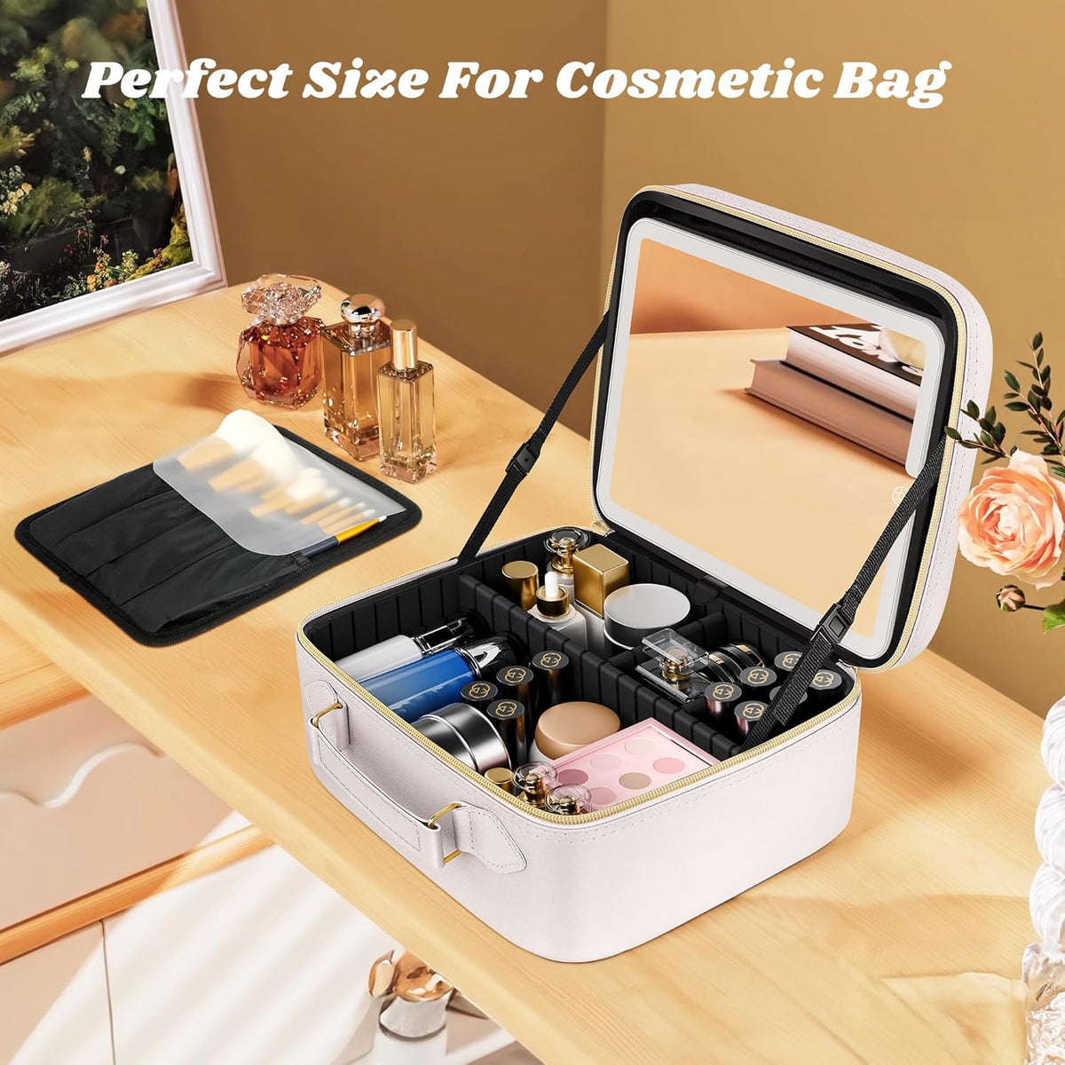 Travel Makeup Bag With LED Mirror, Cosmetic Train Case with Light up Mirror, Portable Makeup Artist Organizer Bag with Adjustable Dividers, Makeup Brush Holder Storage (Rose Gold, Medium)