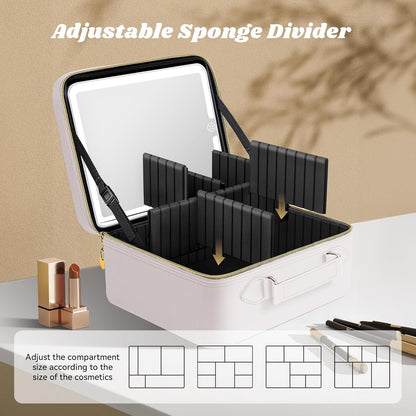 Travel Makeup Bag With LED Mirror, Cosmetic Train Case with Light up Mirror, Portable Makeup Artist Organizer Bag with Adjustable Dividers, Makeup Brush Holder Storage (Rose Gold, Medium)