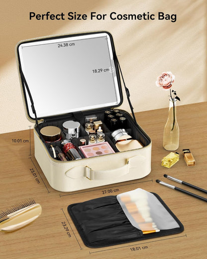 Travel Makeup Bag With LED Mirror, Cosmetic Train Case with Light up Mirror, Portable Makeup Artist Organizer Bag with Adjustable Dividers, Makeup Brush Holder Storage (Rose Gold, Medium)