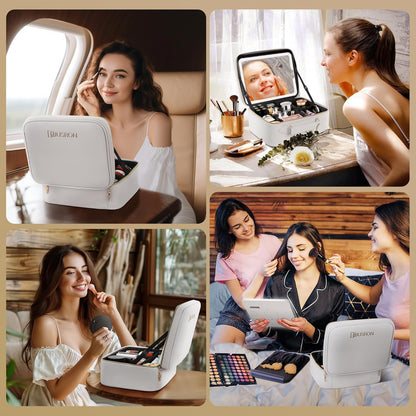 Travel Makeup Bag With LED Mirror, Cosmetic Train Case with Light up Mirror, Portable Makeup Artist Organizer Bag with Adjustable Dividers, Makeup Brush Holder Storage (Rose Gold, Medium)