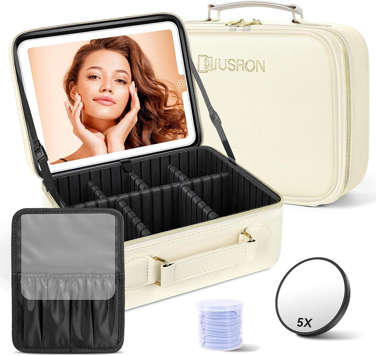 Travel Makeup Bag With LED Mirror, Cosmetic Train Case with Light up Mirror, Portable Makeup Artist Organizer Bag with Adjustable Dividers, Makeup Brush Holder Storage (Rose Gold, Medium)