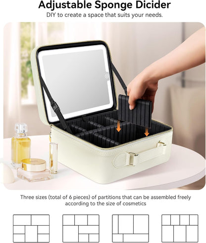 Travel Makeup Bag With LED Mirror, Cosmetic Train Case with Light up Mirror, Portable Makeup Artist Organizer Bag with Adjustable Dividers, Makeup Brush Holder Storage (Rose Gold, Medium)