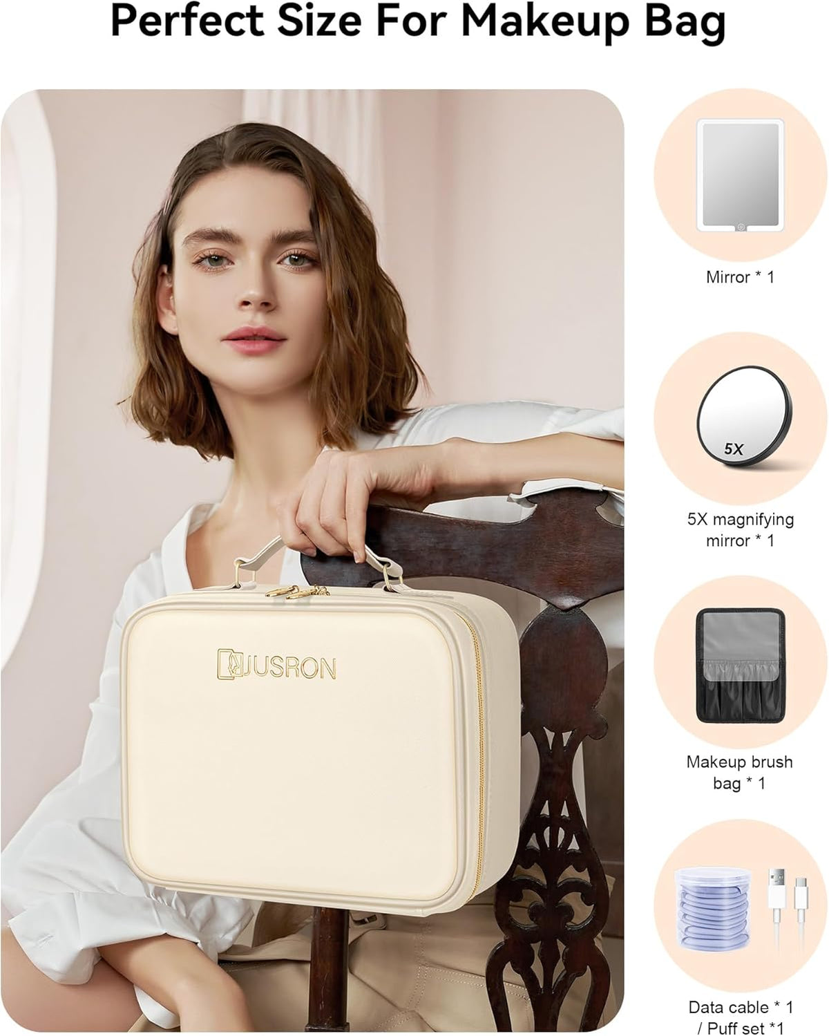 Travel Makeup Bag With LED Mirror, Cosmetic Train Case with Light up Mirror, Portable Makeup Artist Organizer Bag with Adjustable Dividers, Makeup Brush Holder Storage (Rose Gold, Medium)