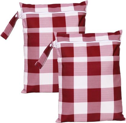 2 Pack Waterproof Wet Dry Bags for Swimsuit & Cloth Diapers - Double Zippered Reusable Wet Bag - Leak-Resistant Storage Pouch Bag, Travel Essential for Beach Pool Gym (2pcs, Red Checkered)
