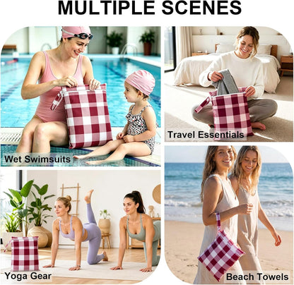 2 Pack Waterproof Wet Dry Bags for Swimsuit & Cloth Diapers - Double Zippered Reusable Wet Bag - Leak-Resistant Storage Pouch Bag, Travel Essential for Beach Pool Gym (2pcs, Red Checkered)