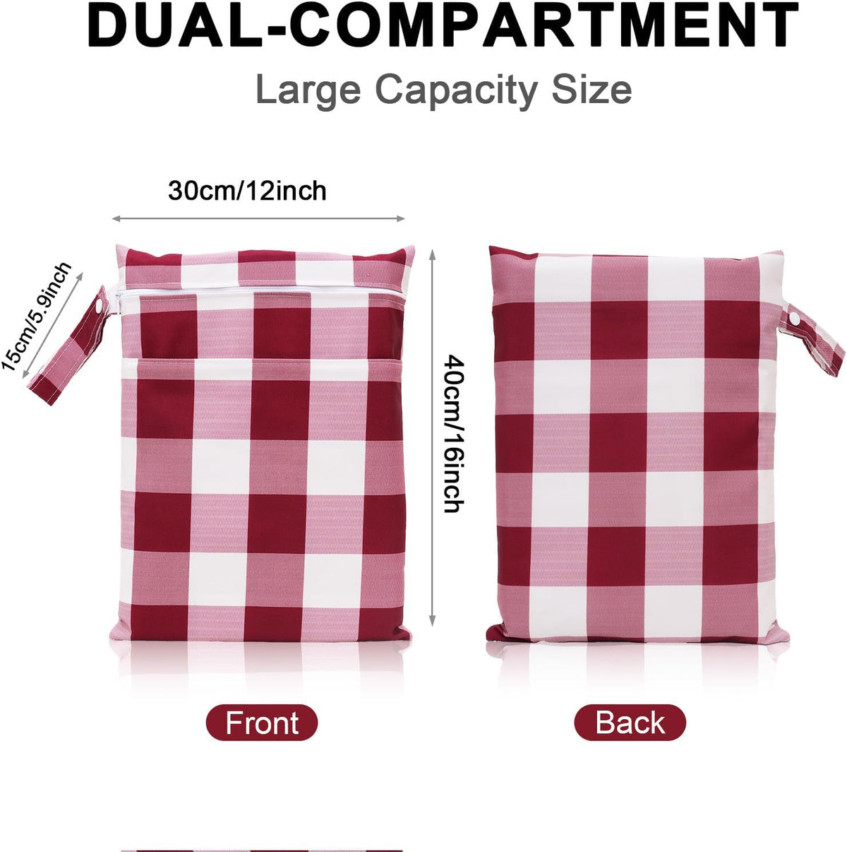 2 Pack Waterproof Wet Dry Bags for Swimsuit & Cloth Diapers - Double Zippered Reusable Wet Bag - Leak-Resistant Storage Pouch Bag, Travel Essential for Beach Pool Gym (2pcs, Red Checkered)