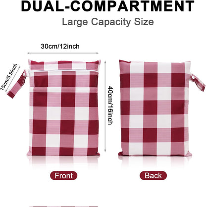 2 Pack Waterproof Wet Dry Bags for Swimsuit & Cloth Diapers - Double Zippered Reusable Wet Bag - Leak-Resistant Storage Pouch Bag, Travel Essential for Beach Pool Gym (2pcs, Red Checkered)