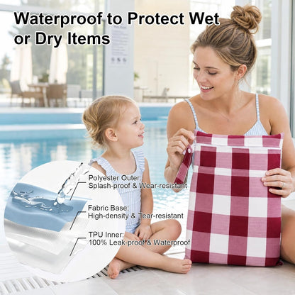 2 Pack Waterproof Wet Dry Bags for Swimsuit & Cloth Diapers - Double Zippered Reusable Wet Bag - Leak-Resistant Storage Pouch Bag, Travel Essential for Beach Pool Gym (2pcs, Red Checkered)