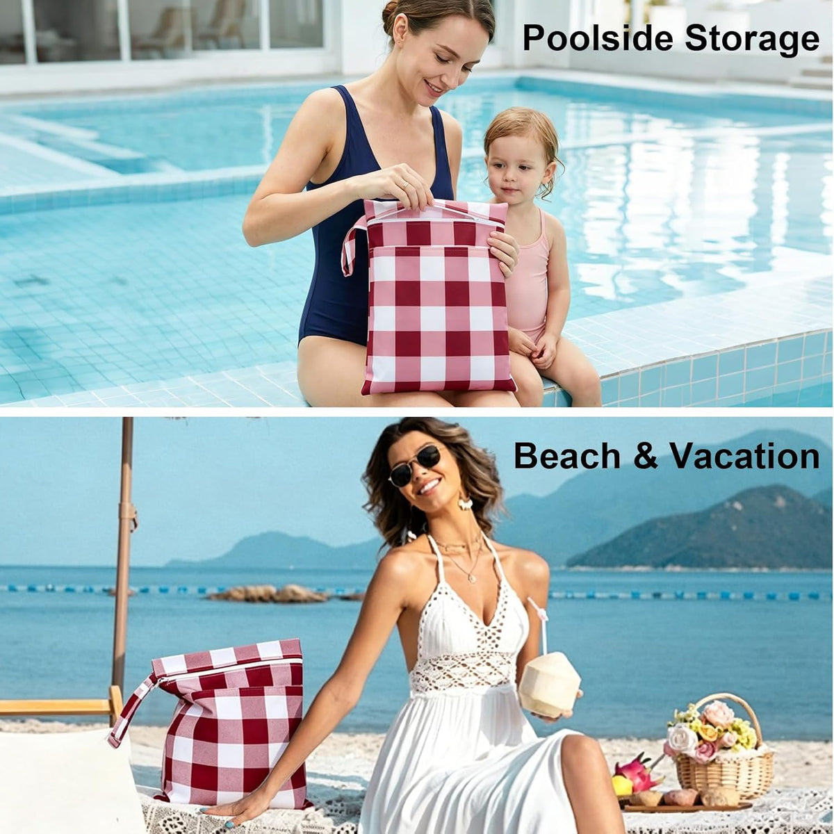 2 Pack Waterproof Wet Dry Bags for Swimsuit & Cloth Diapers - Double Zippered Reusable Wet Bag - Leak-Resistant Storage Pouch Bag, Travel Essential for Beach Pool Gym (2pcs, Red Checkered)