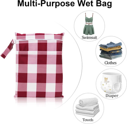 2 Pack Waterproof Wet Dry Bags for Swimsuit & Cloth Diapers - Double Zippered Reusable Wet Bag - Leak-Resistant Storage Pouch Bag, Travel Essential for Beach Pool Gym (2pcs, Red Checkered)