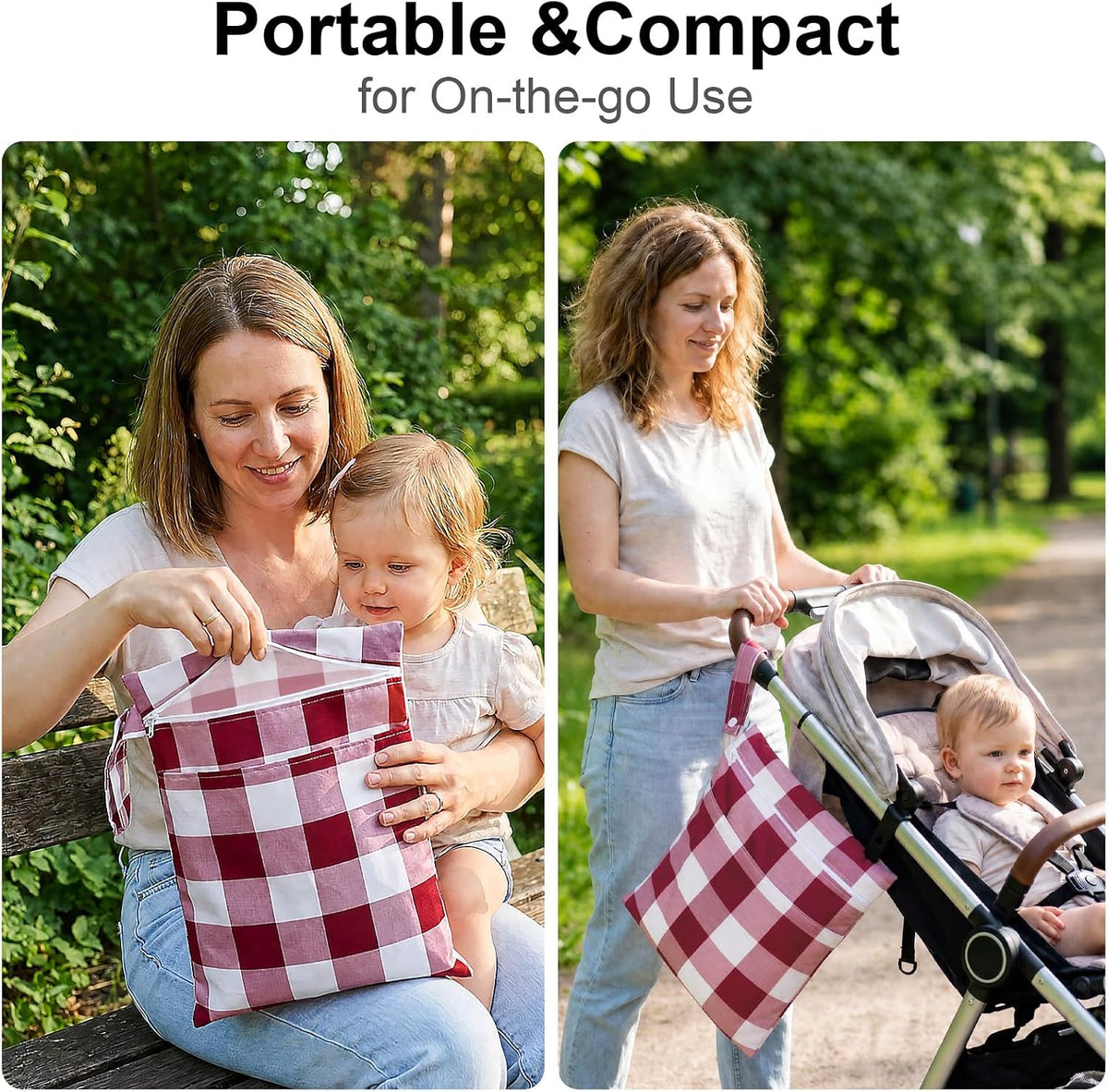 2 Pack Waterproof Wet Dry Bags for Swimsuit & Cloth Diapers - Double Zippered Reusable Wet Bag - Leak-Resistant Storage Pouch Bag, Travel Essential for Beach Pool Gym (2pcs, Red Checkered)
