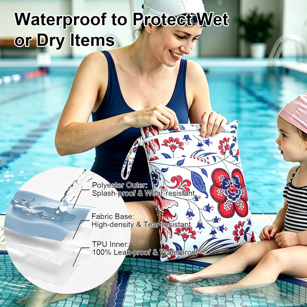2 Pack Waterproof Wet Dry Bags for Swimsuit & Cloth Diapers - Double Zippered Reusable Wet Bag - Leak-Resistant Storage Pouch Bag, Travel Essential for Beach Pool Gym (2pcs, Red Checkered)