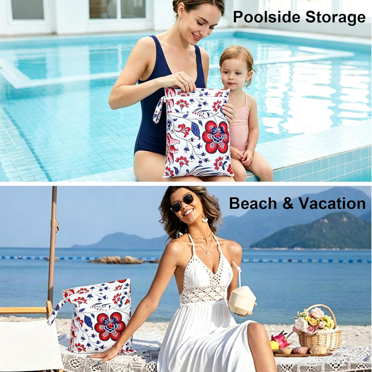 2 Pack Waterproof Wet Dry Bags for Swimsuit & Cloth Diapers - Double Zippered Reusable Wet Bag - Leak-Resistant Storage Pouch Bag, Travel Essential for Beach Pool Gym (2pcs, Red Checkered)