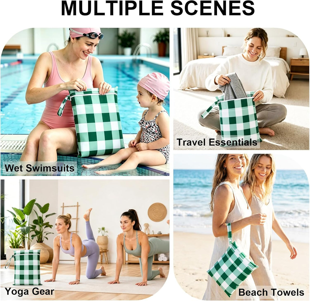 2 Pack Waterproof Wet Dry Bags for Swimsuit & Cloth Diapers - Double Zippered Reusable Wet Bag - Leak-Resistant Storage Pouch Bag, Travel Essential for Beach Pool Gym (2pcs, Red Checkered)