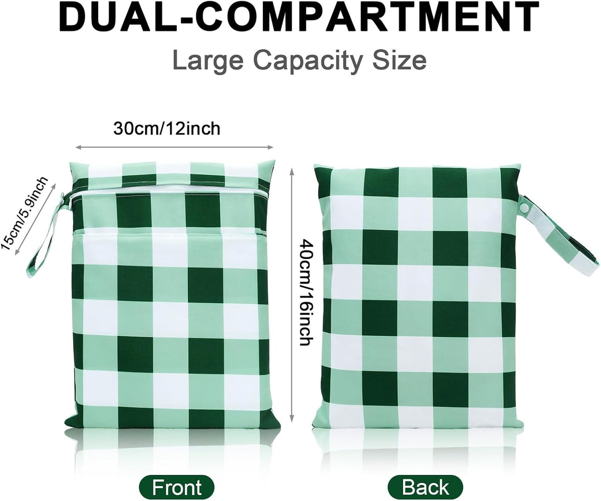 2 Pack Waterproof Wet Dry Bags for Swimsuit & Cloth Diapers - Double Zippered Reusable Wet Bag - Leak-Resistant Storage Pouch Bag, Travel Essential for Beach Pool Gym (2pcs, Red Checkered)