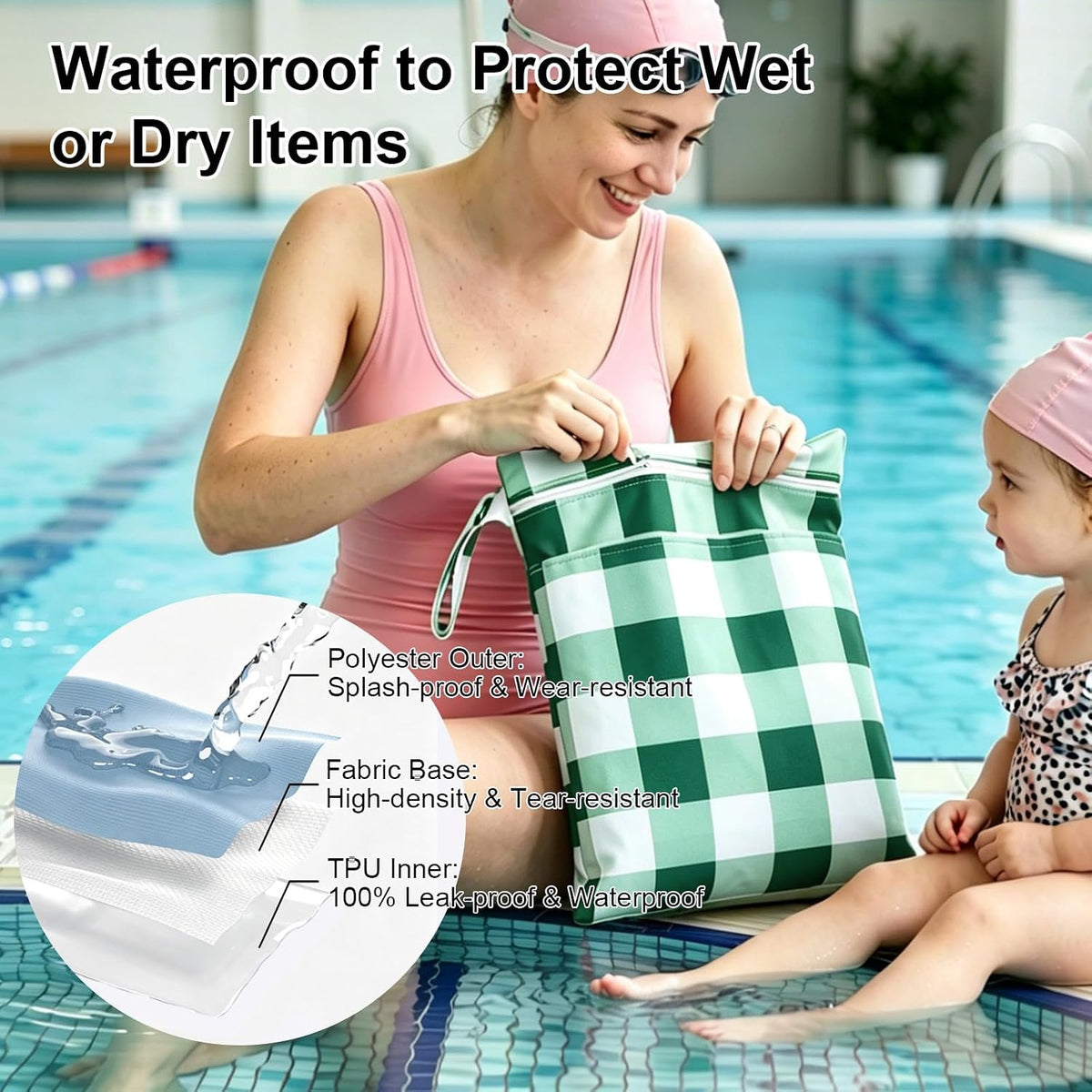 2 Pack Waterproof Wet Dry Bags for Swimsuit & Cloth Diapers - Double Zippered Reusable Wet Bag - Leak-Resistant Storage Pouch Bag, Travel Essential for Beach Pool Gym (2pcs, Red Checkered)