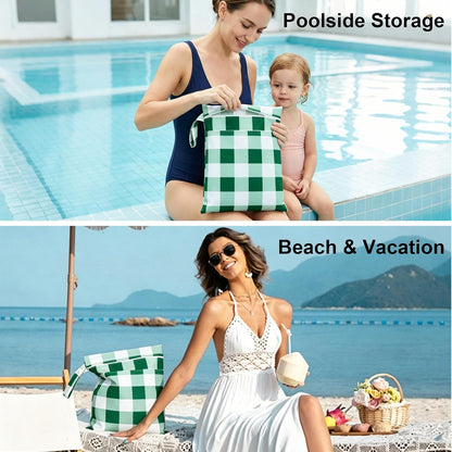 2 Pack Waterproof Wet Dry Bags for Swimsuit & Cloth Diapers - Double Zippered Reusable Wet Bag - Leak-Resistant Storage Pouch Bag, Travel Essential for Beach Pool Gym (2pcs, Red Checkered)