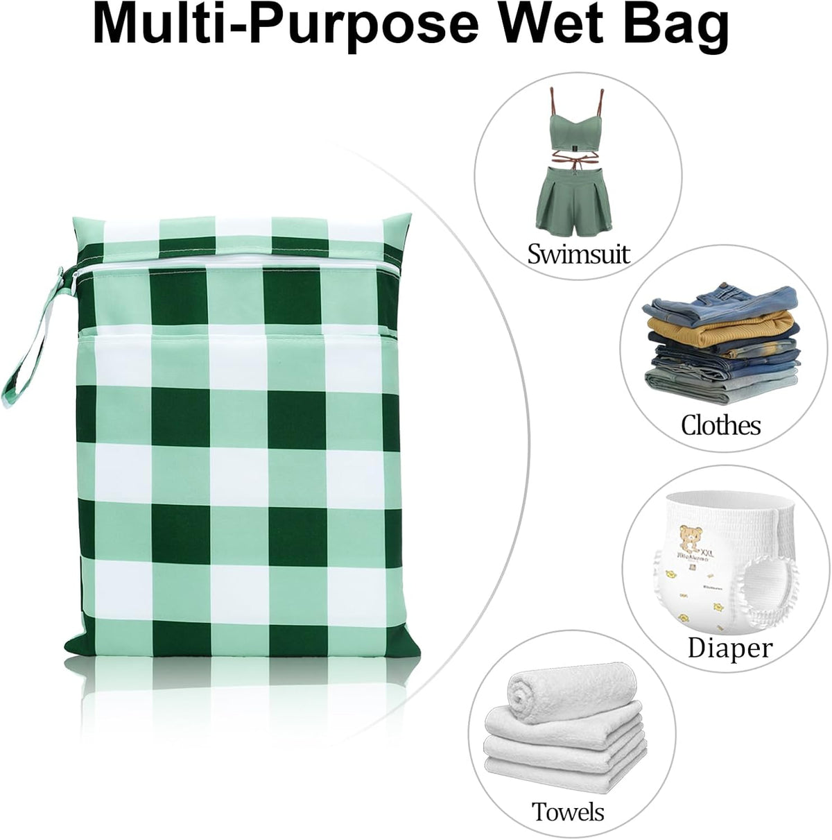 2 Pack Waterproof Wet Dry Bags for Swimsuit & Cloth Diapers - Double Zippered Reusable Wet Bag - Leak-Resistant Storage Pouch Bag, Travel Essential for Beach Pool Gym (2pcs, Red Checkered)