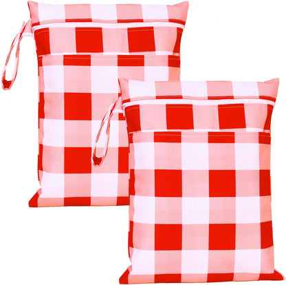 2 Pack Waterproof Wet Dry Bags for Swimsuit & Cloth Diapers - Double Zippered Reusable Wet Bag - Leak-Resistant Storage Pouch Bag, Travel Essential for Beach Pool Gym (2pcs, Red Checkered)