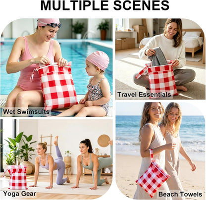 2 Pack Waterproof Wet Dry Bags for Swimsuit & Cloth Diapers - Double Zippered Reusable Wet Bag - Leak-Resistant Storage Pouch Bag, Travel Essential for Beach Pool Gym (2pcs, Red Checkered)