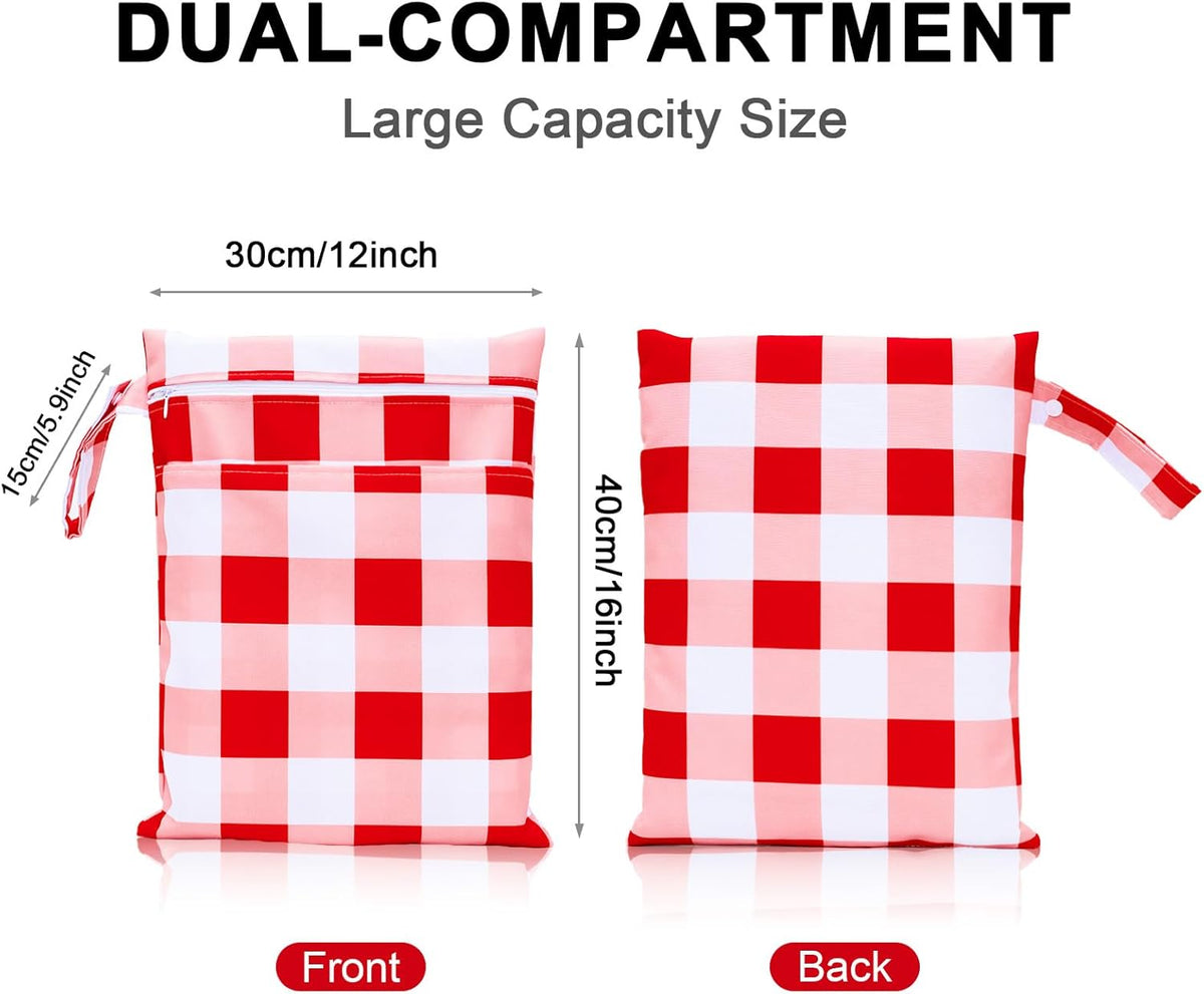 2 Pack Waterproof Wet Dry Bags for Swimsuit & Cloth Diapers - Double Zippered Reusable Wet Bag - Leak-Resistant Storage Pouch Bag, Travel Essential for Beach Pool Gym (2pcs, Red Checkered)