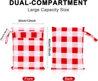 2 Pack Waterproof Wet Dry Bags for Swimsuit & Cloth Diapers - Double Zippered Reusable Wet Bag - Leak-Resistant Storage Pouch Bag, Travel Essential for Beach Pool Gym (2pcs, Red Checkered)