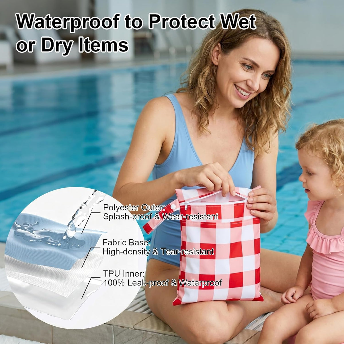 2 Pack Waterproof Wet Dry Bags for Swimsuit & Cloth Diapers - Double Zippered Reusable Wet Bag - Leak-Resistant Storage Pouch Bag, Travel Essential for Beach Pool Gym (2pcs, Red Checkered)