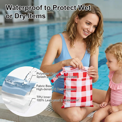 2 Pack Waterproof Wet Dry Bags for Swimsuit & Cloth Diapers - Double Zippered Reusable Wet Bag - Leak-Resistant Storage Pouch Bag, Travel Essential for Beach Pool Gym (2pcs, Red Checkered)