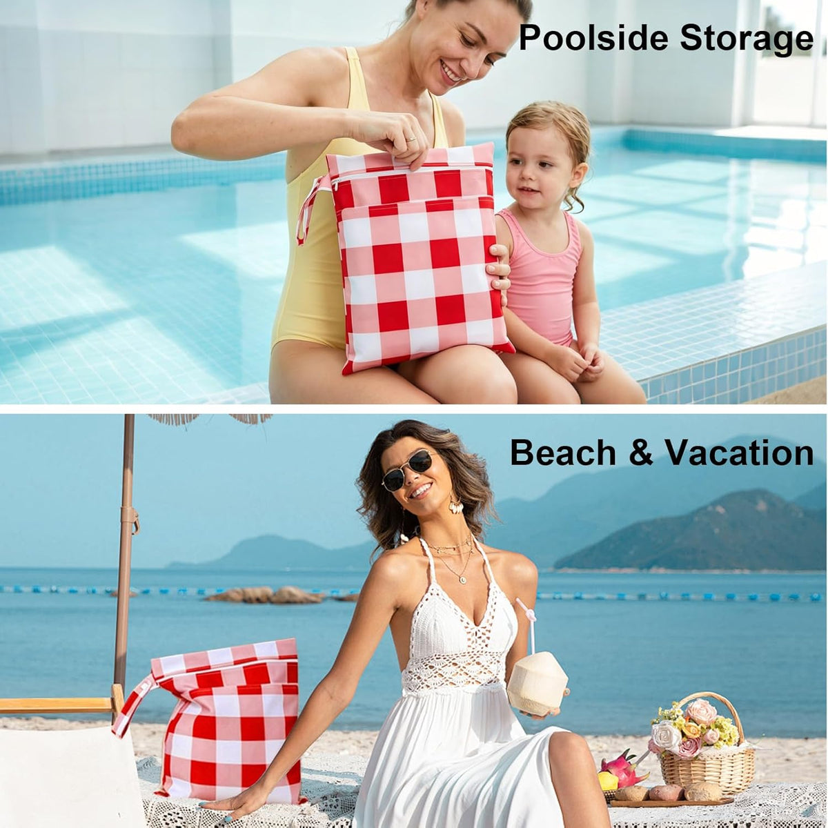 2 Pack Waterproof Wet Dry Bags for Swimsuit & Cloth Diapers - Double Zippered Reusable Wet Bag - Leak-Resistant Storage Pouch Bag, Travel Essential for Beach Pool Gym (2pcs, Red Checkered)
